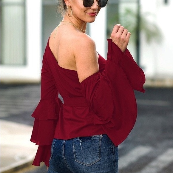 Burgundy One Shoulder Ruffle Sleeve Top Size XL NWT - Picture 6 of 7